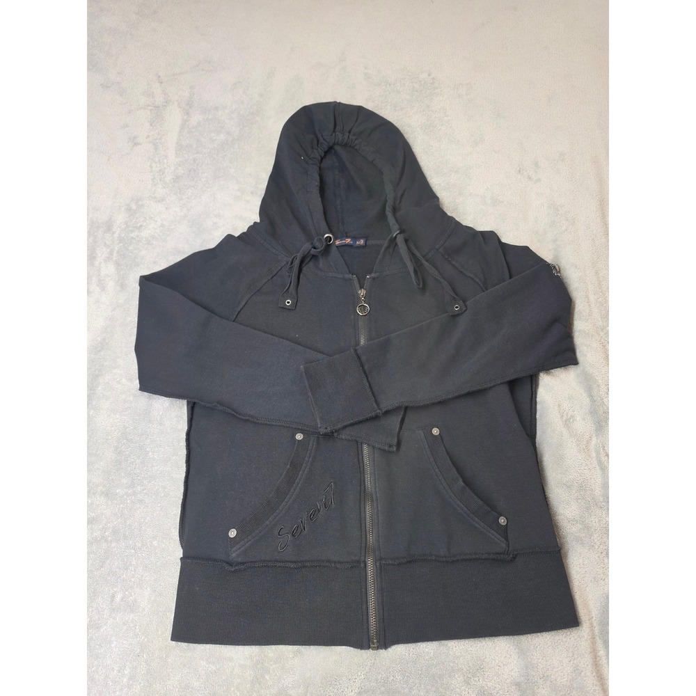 Seven7 Women Black Graphic Zip Up Hoodie Winged Heart Roses Y2K Size M
